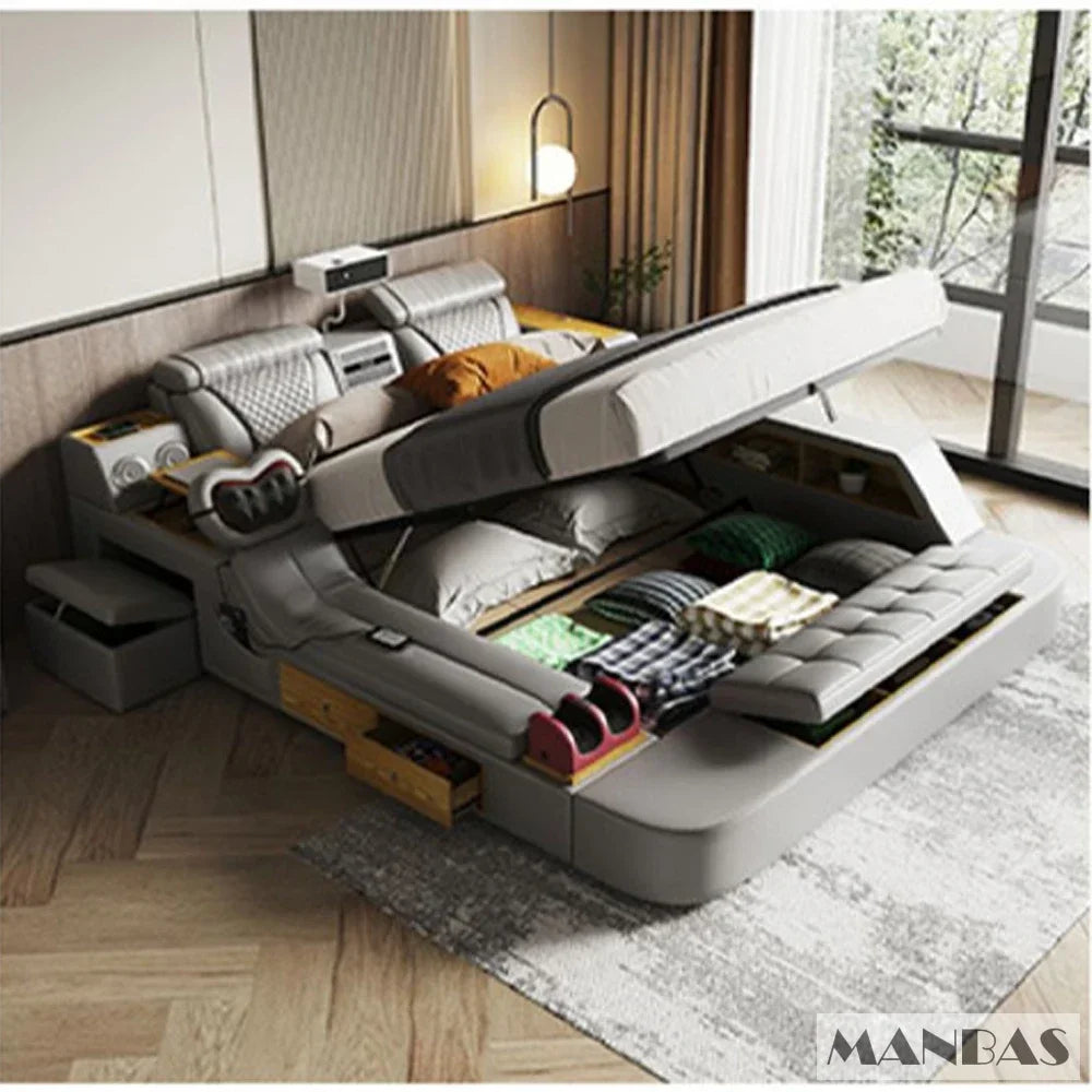 Linlamlim Tech Smart Bed - the Ultimate Multifunctional Bedframe with Genuine Leather, Massage, Speaker, Projector, Air Purifier