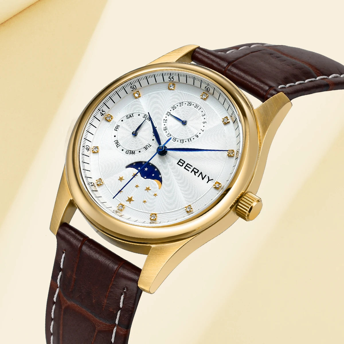 BERNY Watch for Women Calendar Date Week Moon Phase Quartz Women's Watches Leather Strap Elegant Casual Ladies Girl Wristwatch