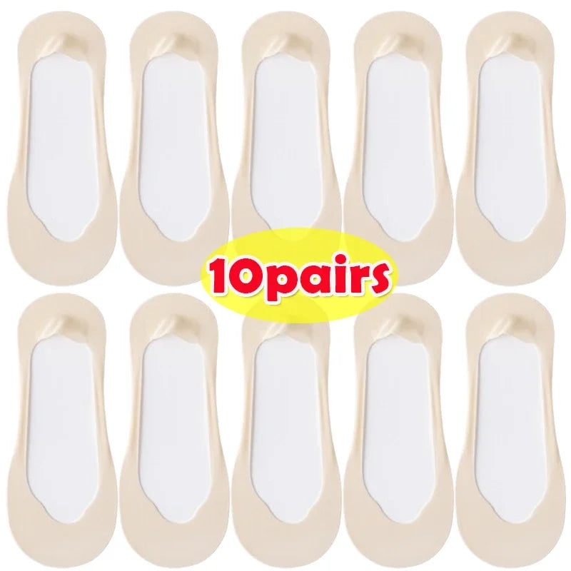 3/5/10Pairs Summer Thin Socks Women's Ankle Short No-Show Set Foot Cotton Female Invisible White Low Cut Non-Slip Boat Sock