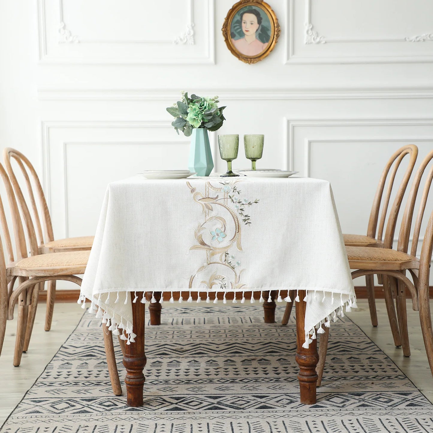 Embroidered Floral Pattern Tablecloth for Dining Table,Dust Proof Spillproof Soil Resistant Cotton Linen Rectangle Table Cover