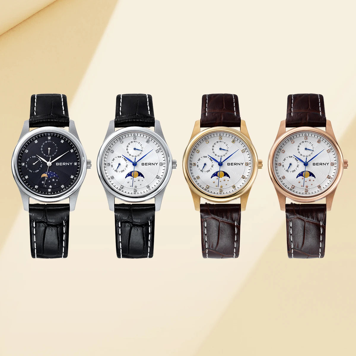 BERNY Watch for Women Calendar Date Week Moon Phase Quartz Women's Watches Leather Strap Elegant Casual Ladies Girl Wristwatch