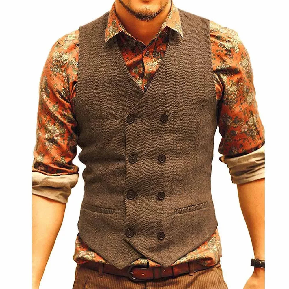 Men Vests Suit Vest Tweed Man Waistcoat Brown Black Groomman Wedding Clothing Jacket Victorian Style Steampunk BusinessA