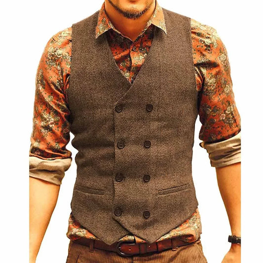 Men Vests Suit Vest Tweed Man Waistcoat Brown Black Groomman Wedding Clothing Jacket Victorian Style Steampunk BusinessA