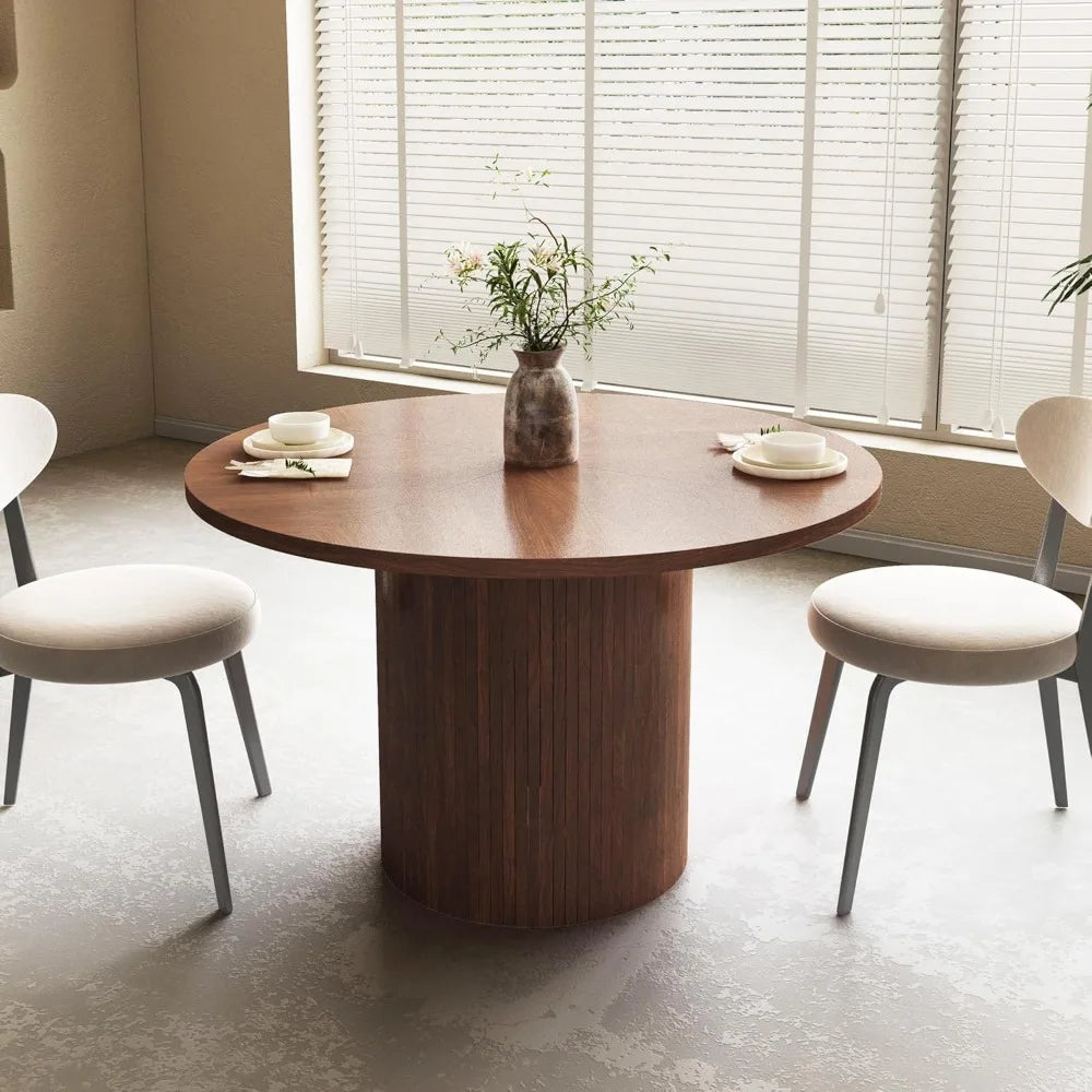 Round Dining Table for 4, Modern Farmhouse Kitchen Table, 47 Inch Small Circle Dining Tables with Wood Strip Base for Kitchen Li