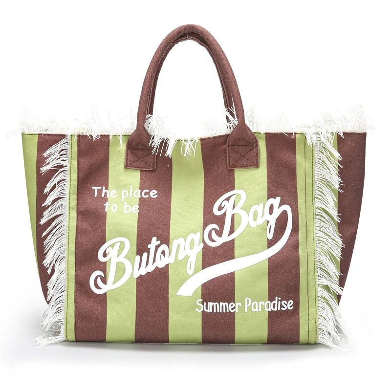 Tassel Tote Bag Handbags Womens Bags for Women Canvas Bag Large Capacity Leisure Travel Striped Grid Handmade Tassel Handbag
