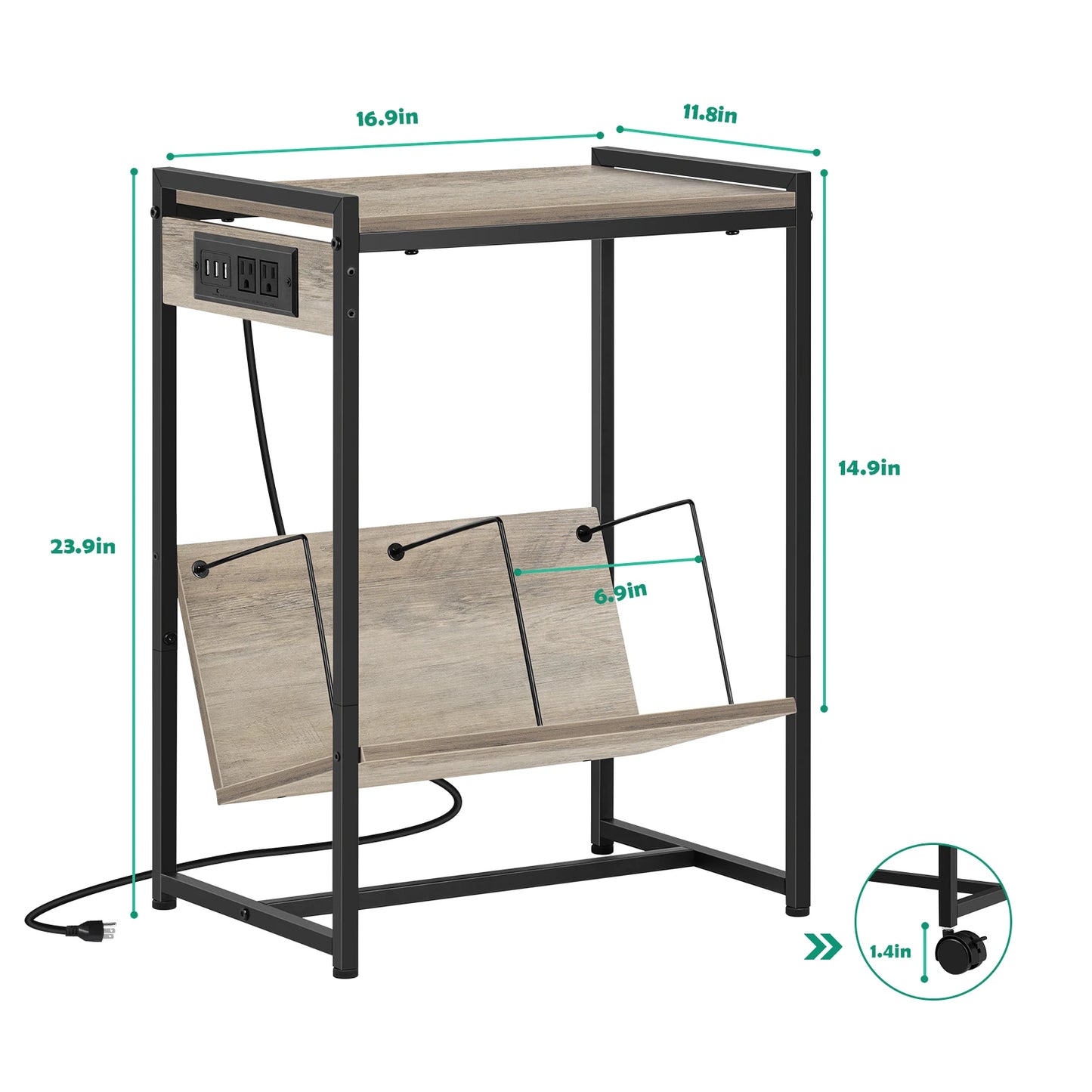 Record Player Stand with Vinyl Storage Side Table, 2 Tier with Charging Station Record Player Table for Living Room Bedroom