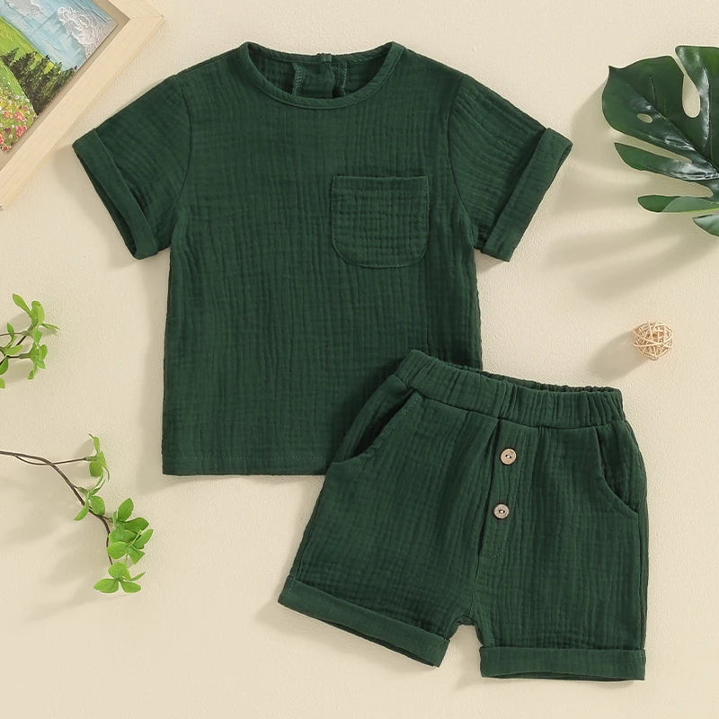 Newborn Baby Boys Summer Clothes Sets Solid Cotton Linen Pocket Short Sleeve T-shirts+Button Pocket Shorts Beach Casual Outfits