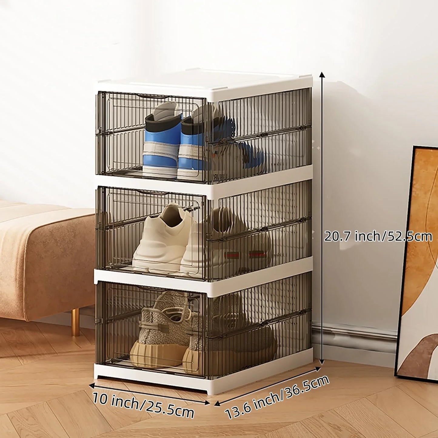 Clear Shoe Storage Box, No Assembly Stackable Drop Front Shoe Organizer Storage Bins,  All-in-one Free Standing Shoe Cabinet
