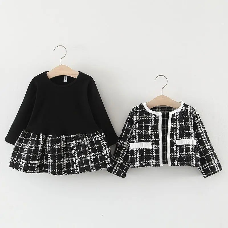 Baby Girl Clothes Set Kid Dress+Coat 2Pcs Girl Suit Fashion Plaid Baby Costume Wedding Party Toddler Outfit Princess Dress A897