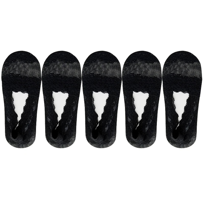 5 Pairs Socks Women's Lace Invisible Short No-Show Ankle Foot Summer Cotton Transparent White Low Cut Boat Sock