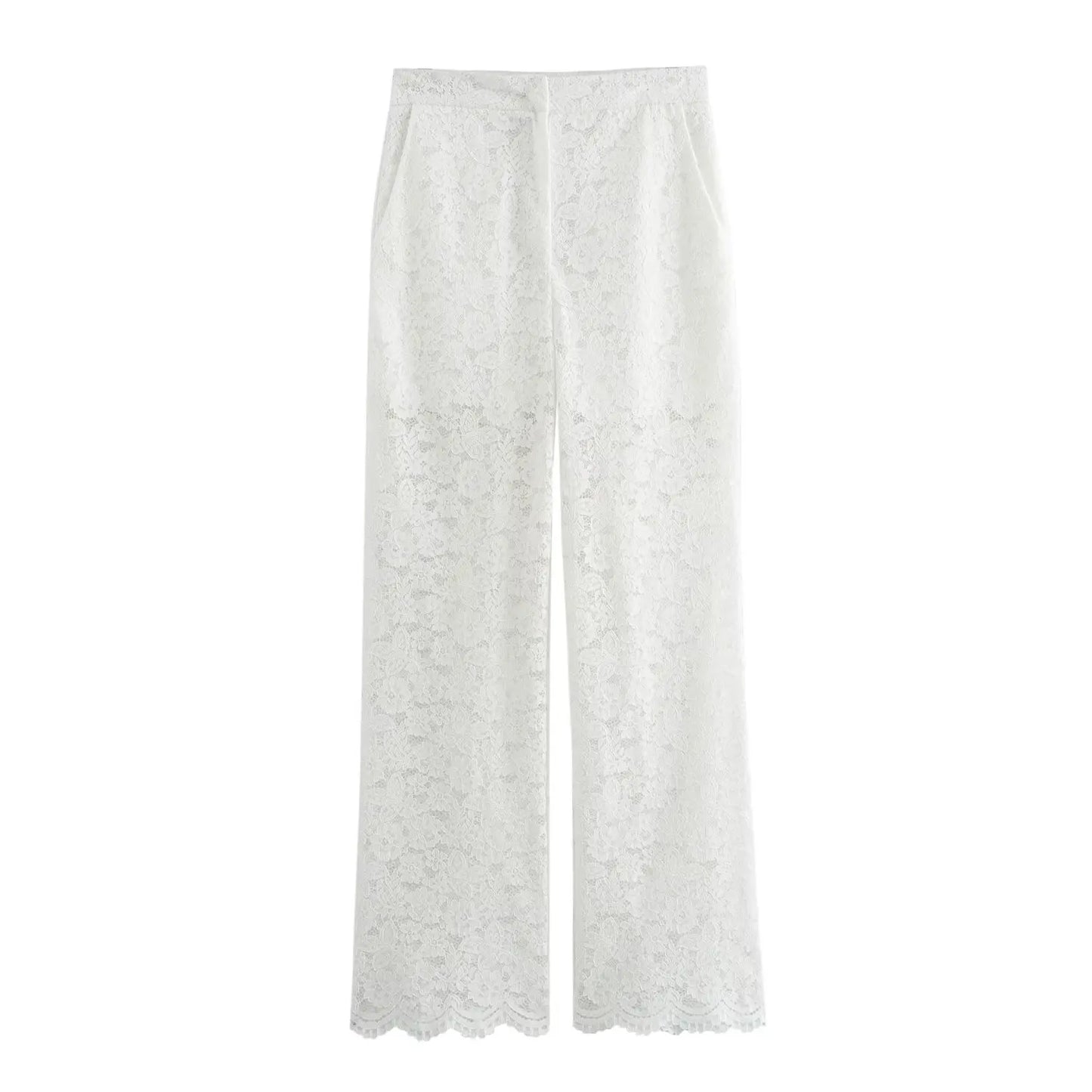 2025 new women's clothing European and American style design temperament lace high waist translucent trousers