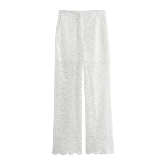 2025 new women's clothing European and American style design temperament lace high waist translucent trousers