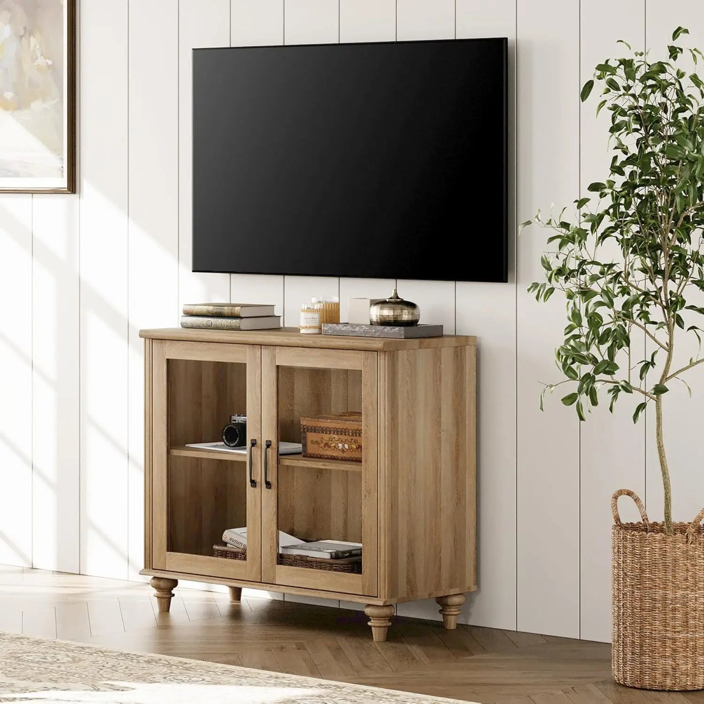TV Stand for, Wood Console Table Storage Cabinet for Living Room, Kitchen Sideboard Buffet Cabinet With Glass Door