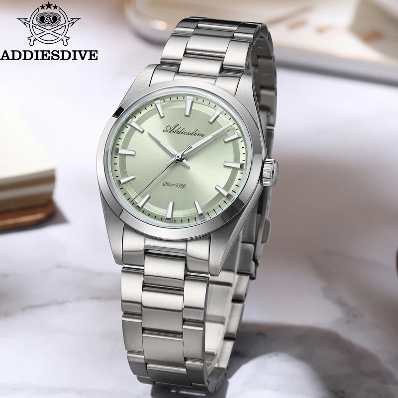 ADDIESDIVE Quartz Watch For Men 36mm Dome Glass BGW9 Luminous Diving 100m Waterproof Stainless Steel VH31 Wristwatch New AD2066