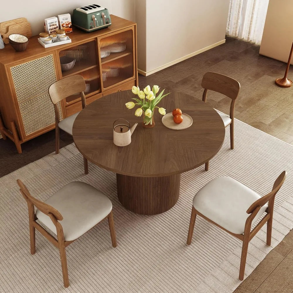 Round Dining Table for 4, Modern Farmhouse Kitchen Table, 47 Inch Small Circle Dining Tables with Wood Strip Base for Kitchen Li