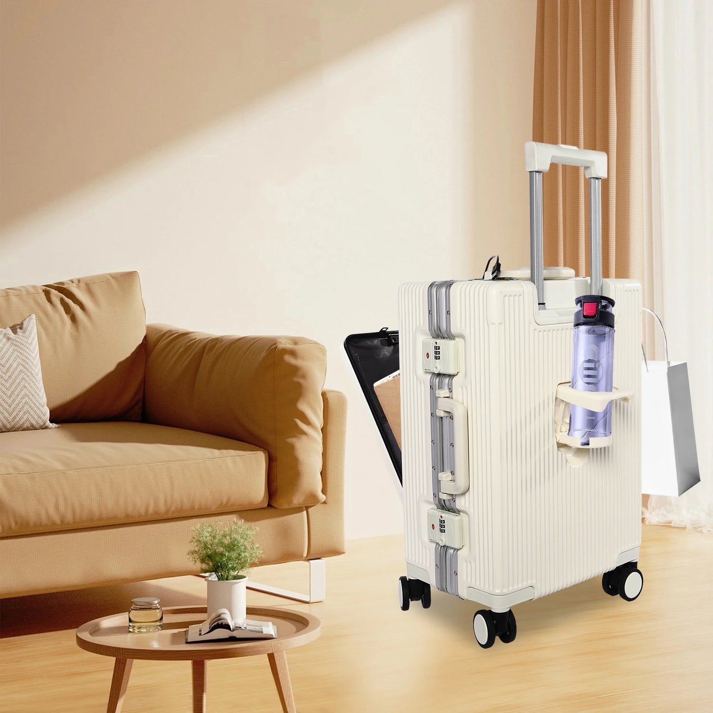 20 Inch Carry On Luggage with Front Pocket PC Hardside Spinner Wheel Suitcase with Cup Holder & USB Charging Port  White