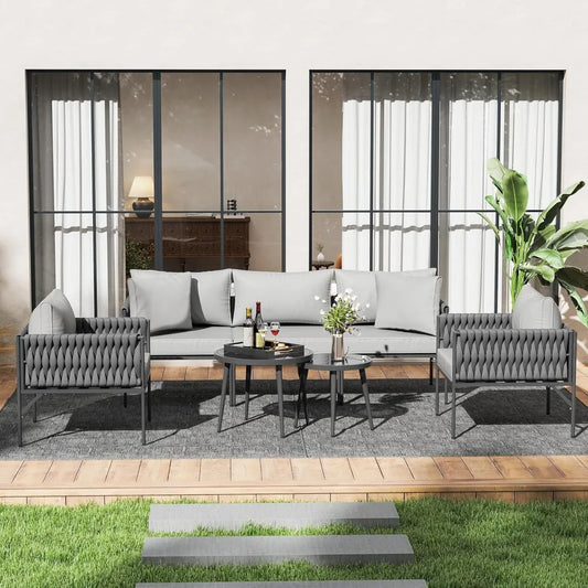 Patio Furniture Set, Patio Conversation Set with Handwoven Rope and Deep Seating, Outdoor Furniture 5-Seat Sofa with Two Round