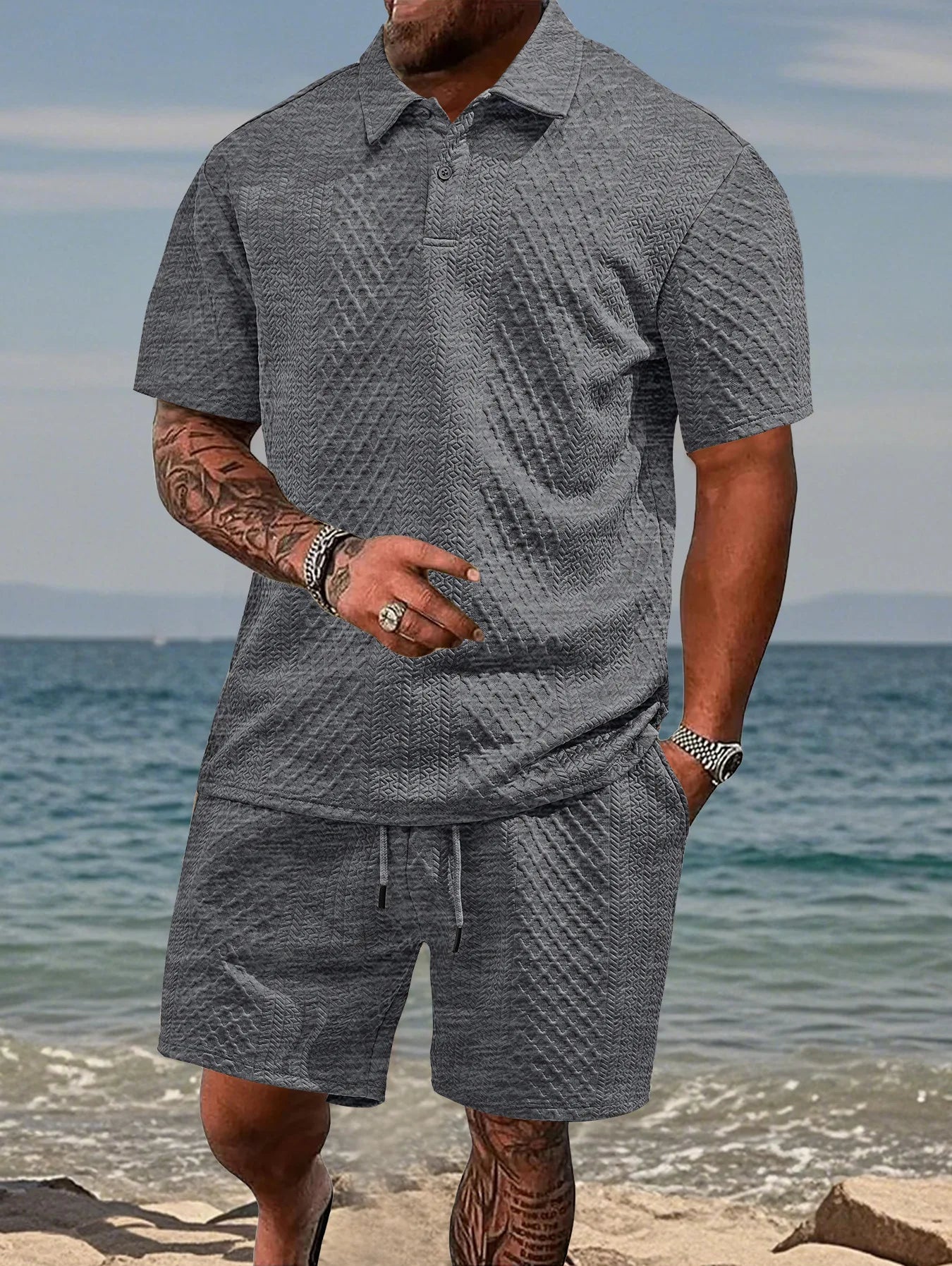 Cross-Border Men's Clothing Summer European and American New Jacquard Cloth Men's Casual Sports Thin Lapel Polo Shirt Short-Sleeved Suit Fabric Breathable and Comfortable Perfect for Daily Wear