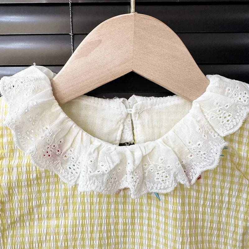 0-24M Baby Girl Summer Romper Dress Cotton Cartoon Duck Embroidery Lace Gingham Princess Sleeveless Sweet Baby Clothes