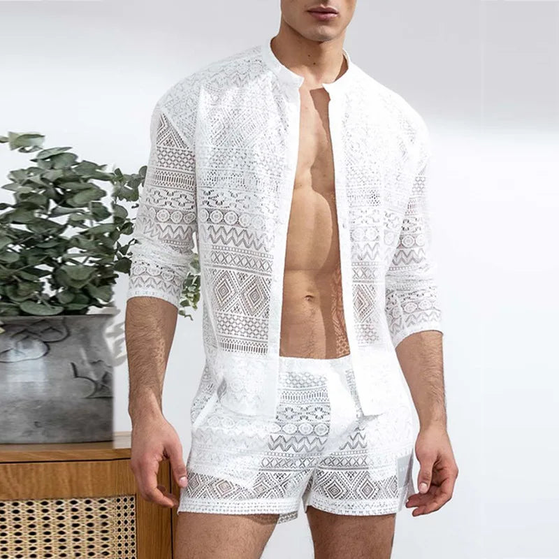 Men's Clothing Fashion Suit Men 2pcs Clothes Set Hollow Out Sexy Lace Short Sleeve Casual T Shirt Top Shorts Summer Solid Color
