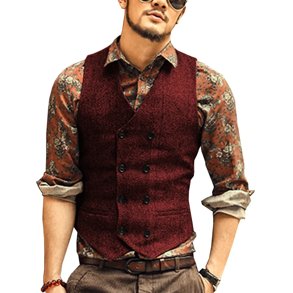 Men Vests Suit Vest Tweed Man Waistcoat Brown Black Groomman Wedding Clothing Jacket Victorian Style Steampunk BusinessA