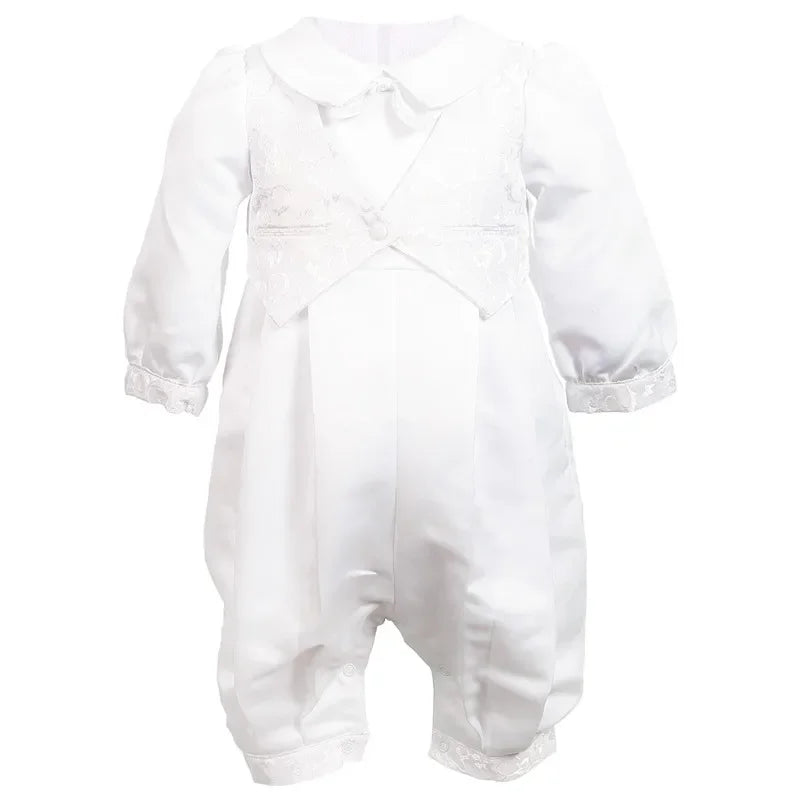 Newborn Baby Boy Baptism Outfits Clothes Cotton Broadcloth Single Breasted Solid Full Sleeve Set Bow Lace Christening Gown