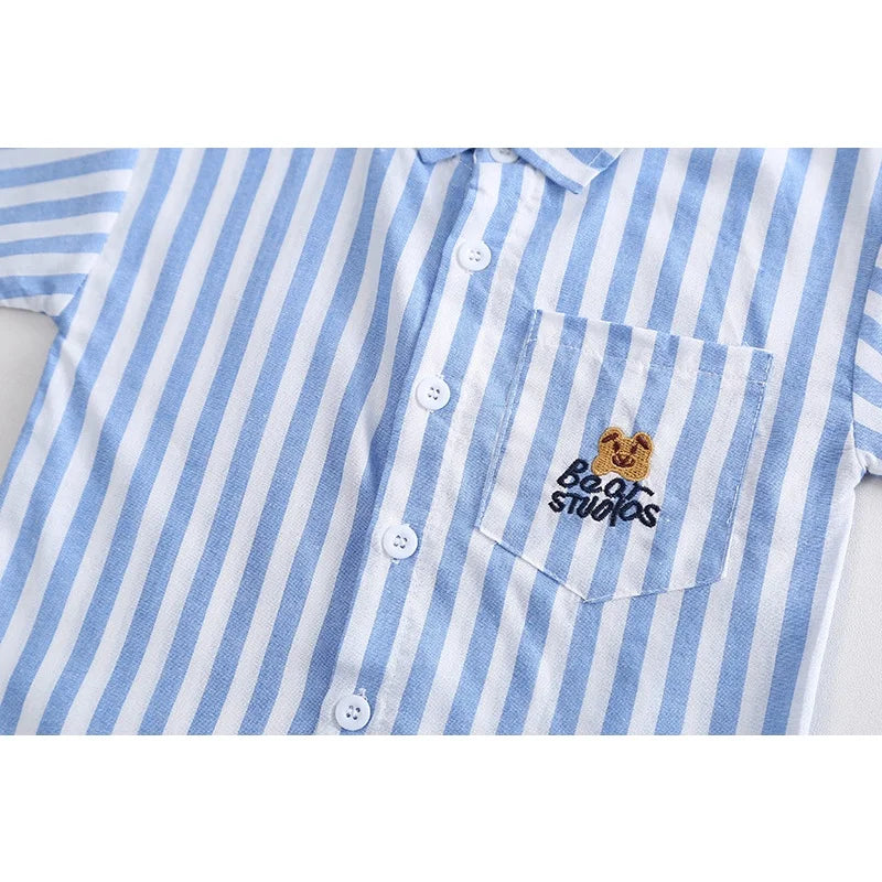 New Summer Baby Boy Clothes Set Toddler Boys Striped Cartoon 2-Piece Outfit with Cargo Shorts Casual Infant Children's Clothing