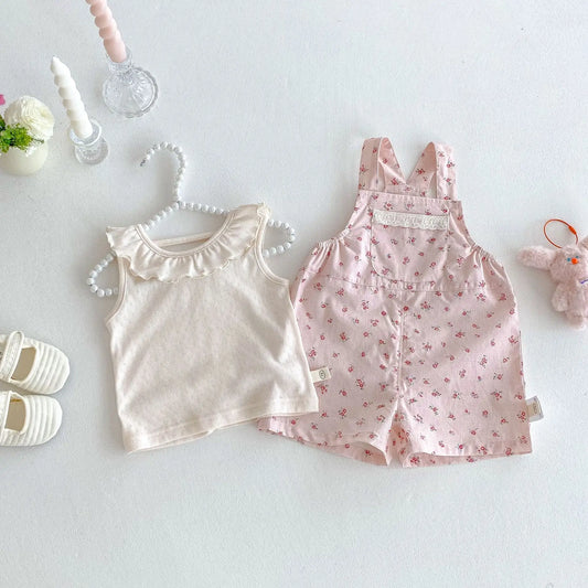 2025 New Summer Baby Girl Korean Style Clothes Breathable Cotton Polyester Ruffled Doll Collar Vest & Floral Overalls