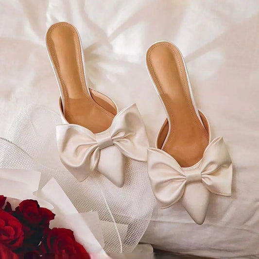 2024 Summer Women's Slippers Bowknot Cat Heel Low Heel Mid Heel Pointed Toe Shoes Slippers High Heels