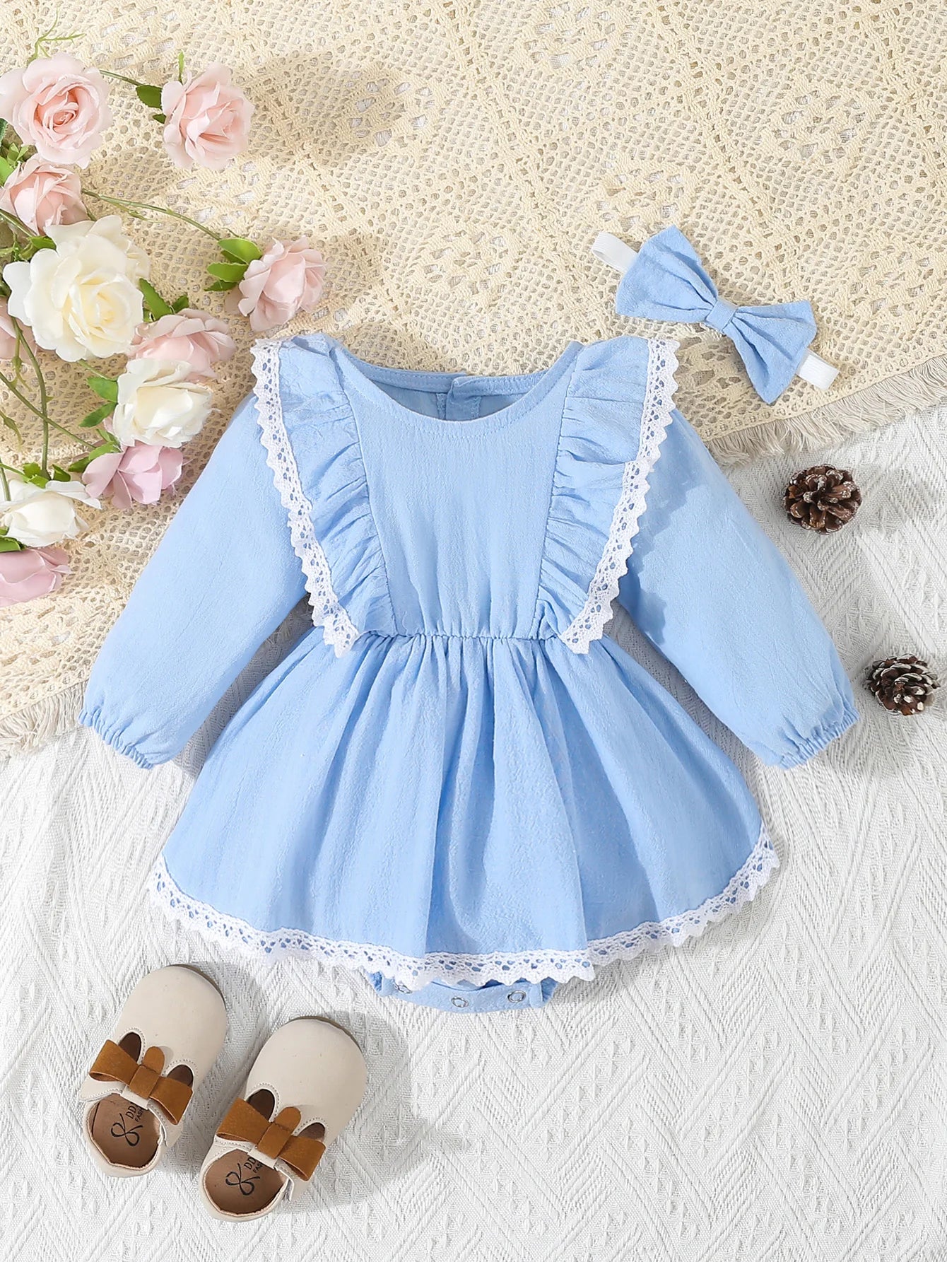 Baby Girl‘s  Clothes 2Pcs Cute Lace Ruffled Long Sleeve Cotton Dress  Headwear Toddler Girl's Clothing Outfit Set