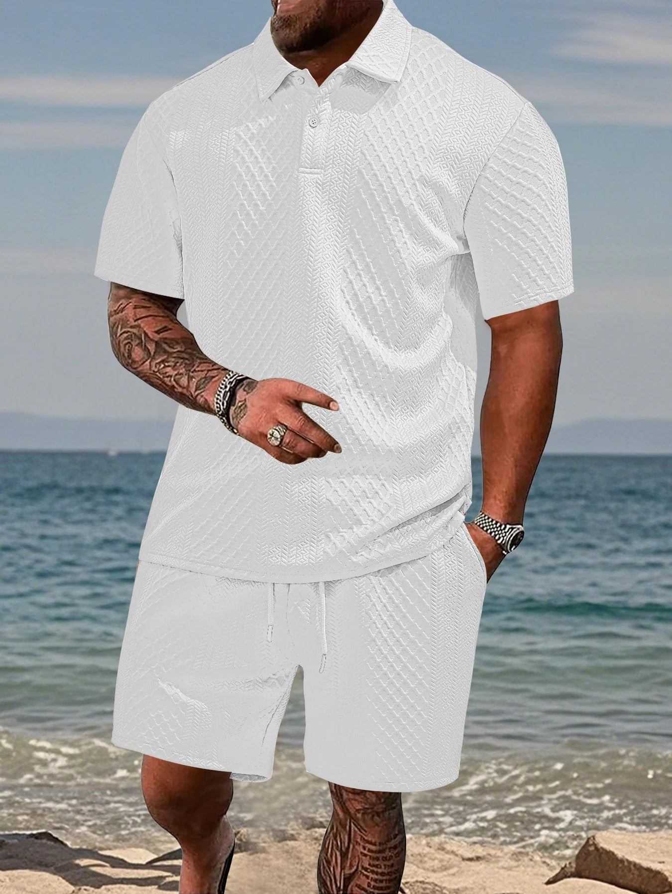 Cross-Border Men's Clothing Summer European and American New Jacquard Cloth Men's Casual Sports Thin Lapel Polo Shirt Short-Sleeved Suit Fabric Breathable and Comfortable Perfect for Daily Wear