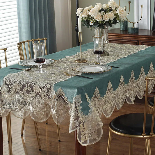 Tablecloth Blue Golden Velvet Rectangle Table Cloth Europe Luxury Embroidered Dining Table Cover Lace Dust Cover Home Decor