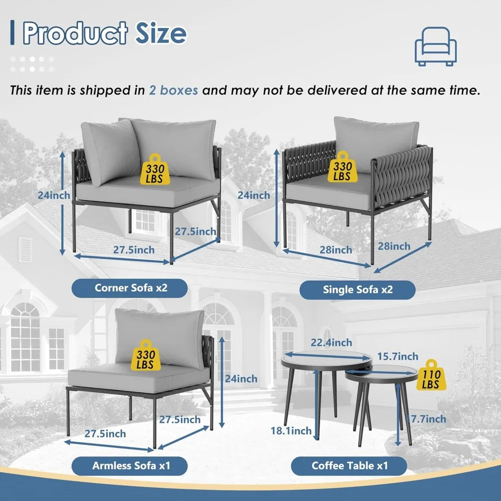 Patio Furniture Set, Patio Conversation Set with Handwoven Rope and Deep Seating, Outdoor Furniture 5-Seat Sofa with Two Round
