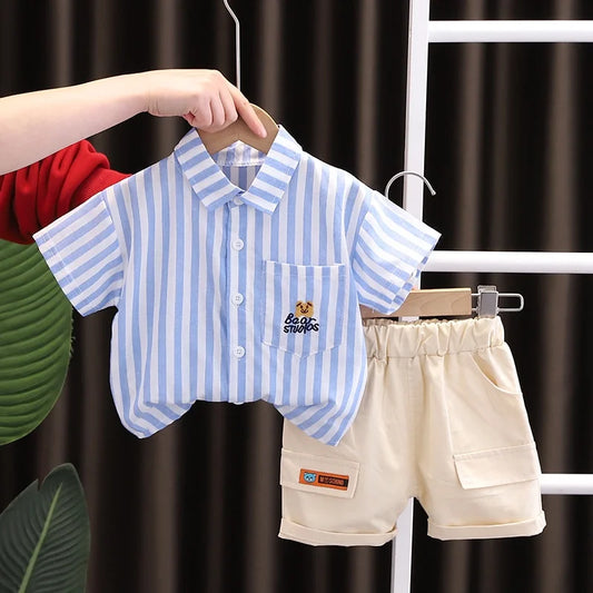 New Summer Baby Boy Clothes Set Toddler Boys Striped Cartoon 2-Piece Outfit with Cargo Shorts Casual Infant Children's Clothing