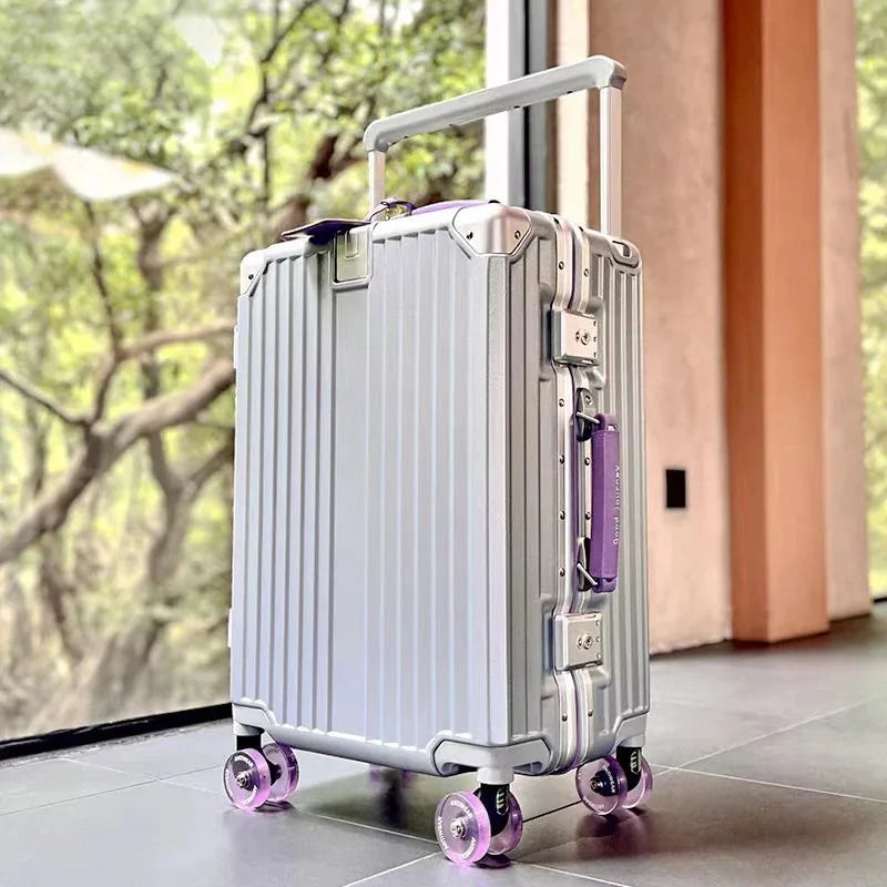 New Aluminum Frame Wide Handlebar Rolling Luggage Large Capacity Trolley Suitcase with Colorful Silent Spinner Wheels TSA Lock