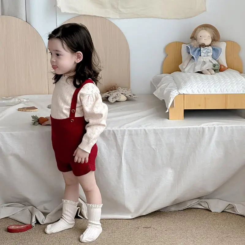 Baby Girl Clothes Autumn Solid Color Long Sleeves Knitwear Top Knitted Suspender Shorts Two Piece Sets Girl Sweater Set