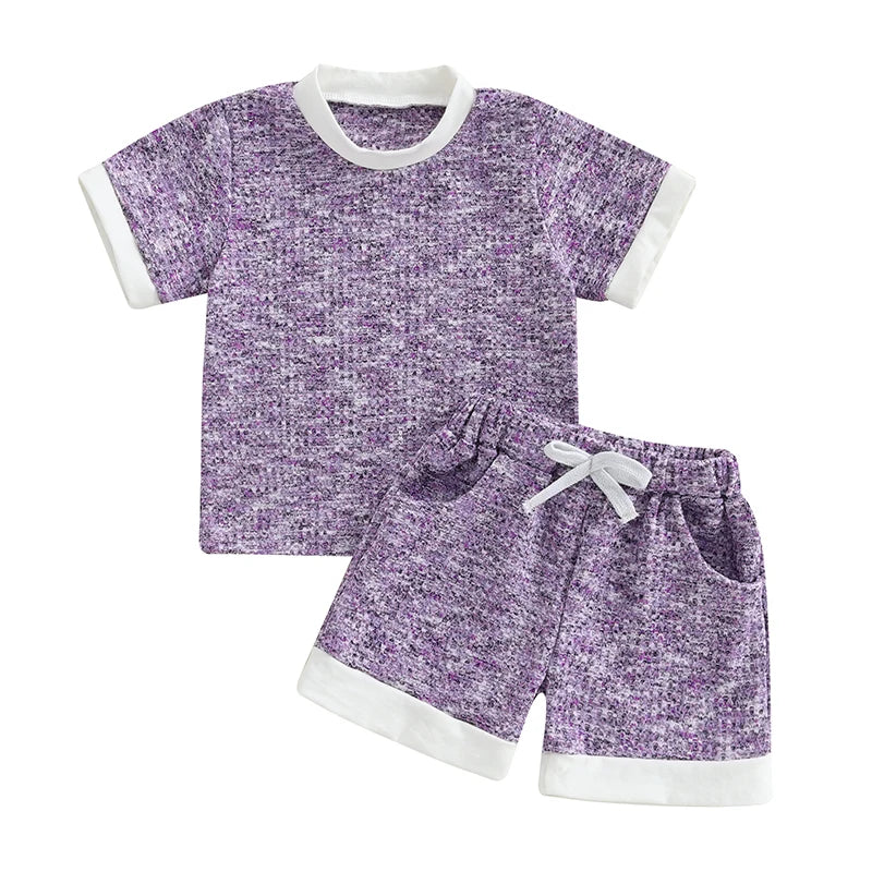 2025-02-21 Lioraitiin Toddler Boy Girl Shorts Set Short Sleeve T-shirts Elastic Waist Shorts Waffle Outfit Casual Summer Clothes