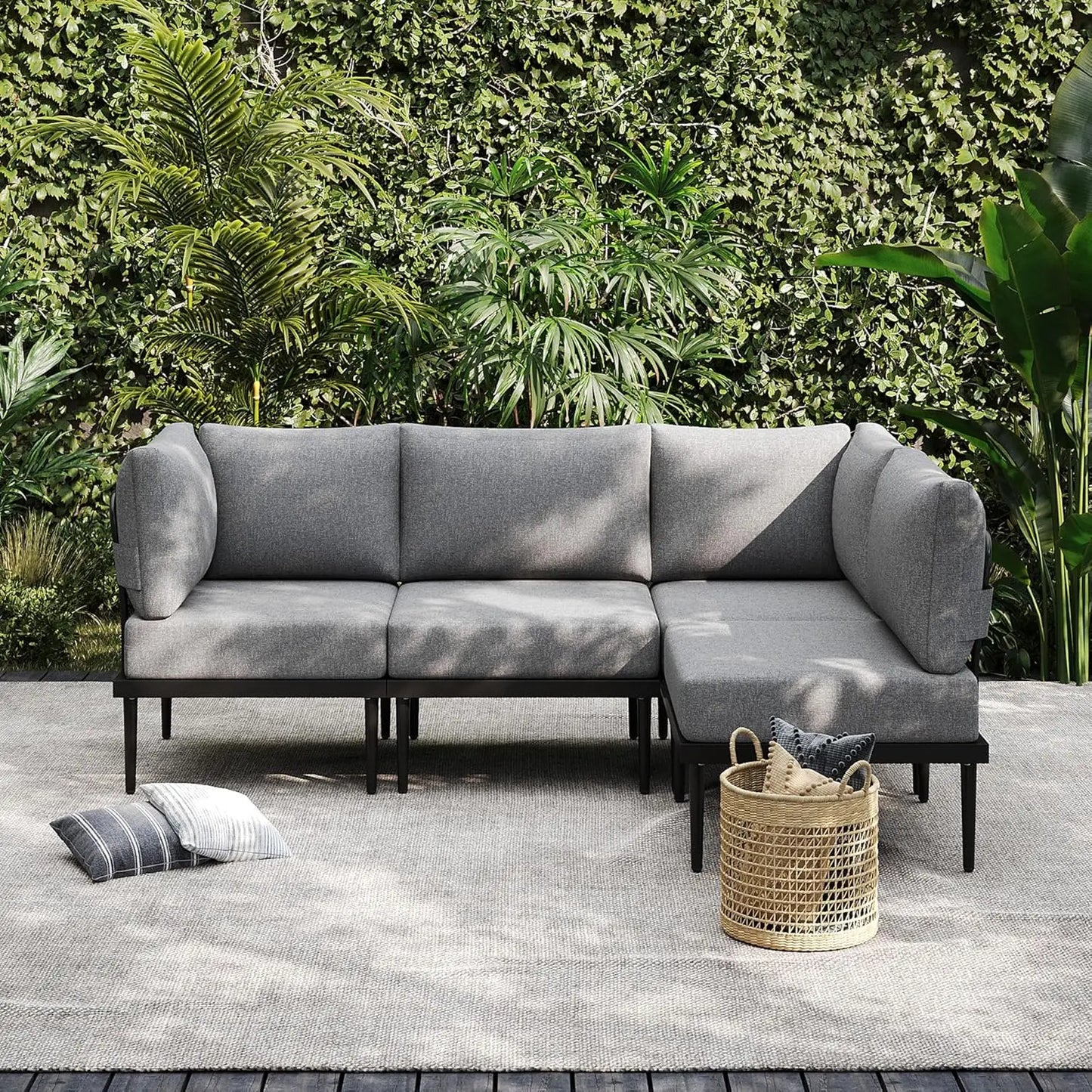 4 Pieces Metal Patio Furniture Set Outdoor Sectional Sofa w6 Inch Olefin Cushion Modern Outdoor Conversation Sets