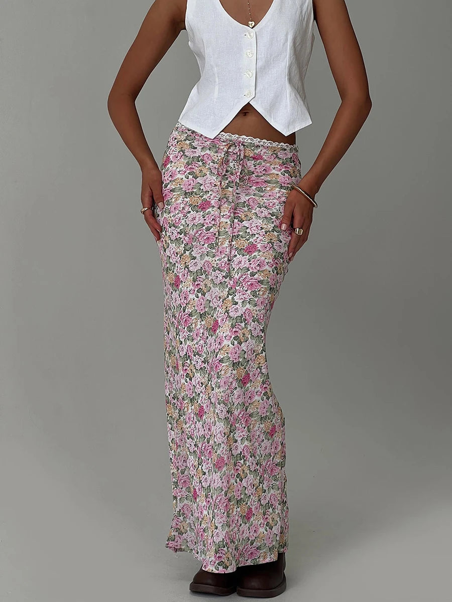 Women s Boho Maxi Skirt with Ruffle Hem and Tie Waist Elegant Floral Print Long Skirt for Summer Beach Vacation
