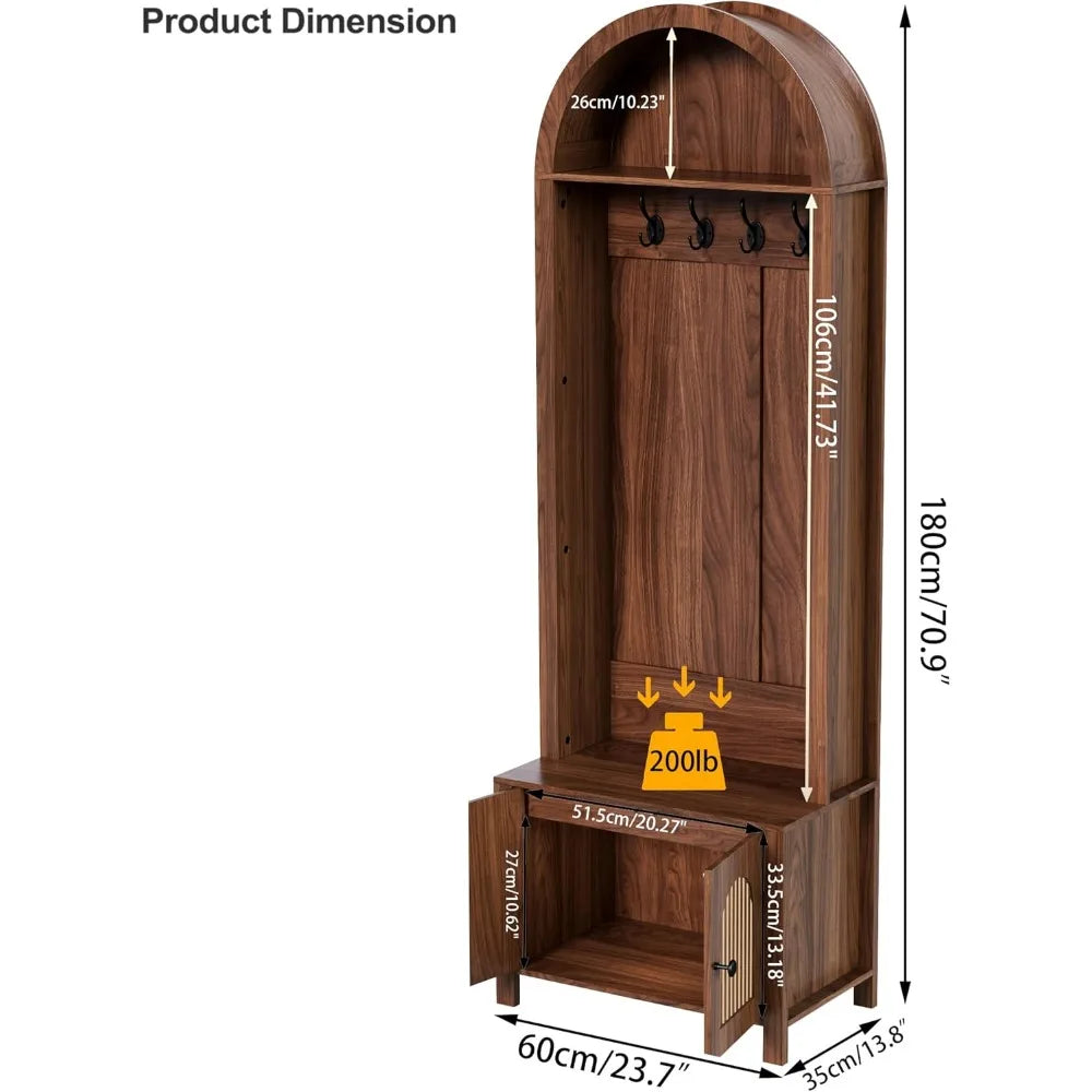 Hall Tree with Bench and Shoe Storage, Entryway Storage Bench with Coat Rack, Arch Coat Rack Fluted Doors, Farmhouse Style