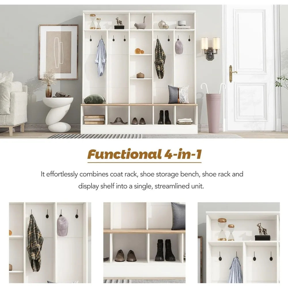 ON-TREND Wide Design Hall Tree with Storage Bench, Minimalist Shoe Cabinet with Cube Storage & Shelves, Multifunctional Coat Rac
