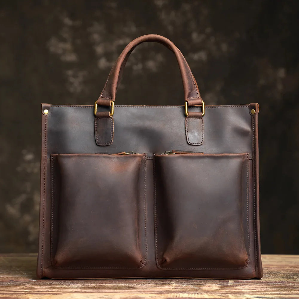 Vintage Men's Briefcase Genuine Leather Casual Trend Handbag High Capacity Shoulder Bag Zipper Pockte For 14 Inch Laptop NUPUGOO