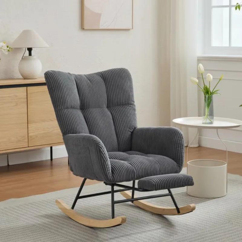 Modern Rocking Upholstered Glider Chair with High Backrest Rocker Accent Armchair with Solid Wood Legs Bedroom Living Room Chair