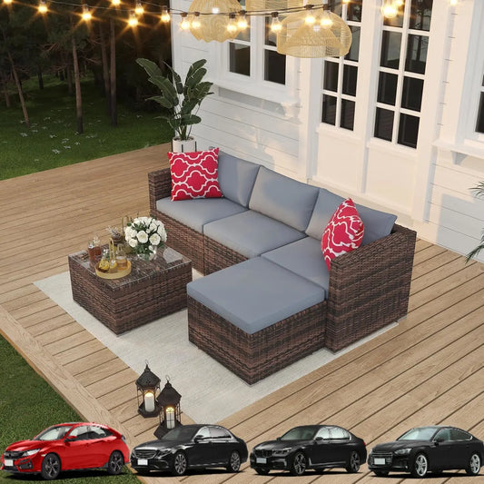 5-Piece Outdoor PE Wicker Patio Furniture Set, Water-Resistant Sectional Sofa With Plush Cushions, Tempered Glass Coffee Table &