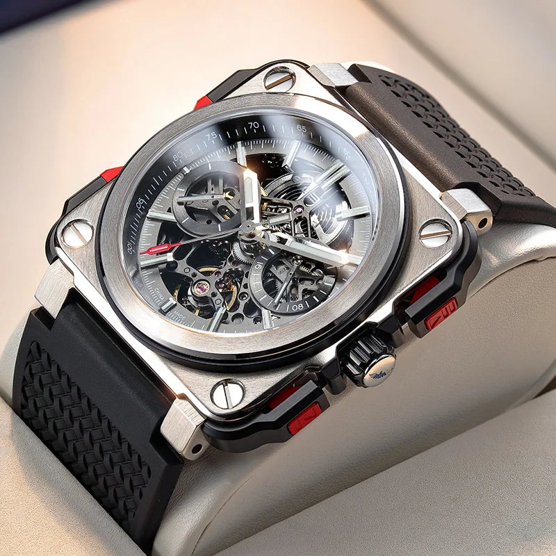 FEICE FM507 Men’s Automatic Skeleton Watch Mechanica Mens Wristwatch Square Sport Luminous Watches 10ATM Waterproof Watches