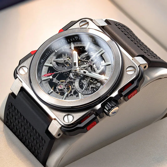 FEICE FM507 Men’s Automatic Skeleton Watch Mechanica Mens Wristwatch Square Sport Luminous Watches 10ATM Waterproof Watches