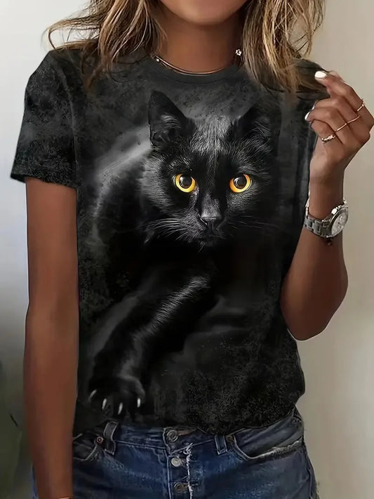 Plus Size Women's Clothing 3D Cat Print Crew Neck T-shirt Casual Loose Short Sleeve Summer T-Shirts Tops Women's Clothing