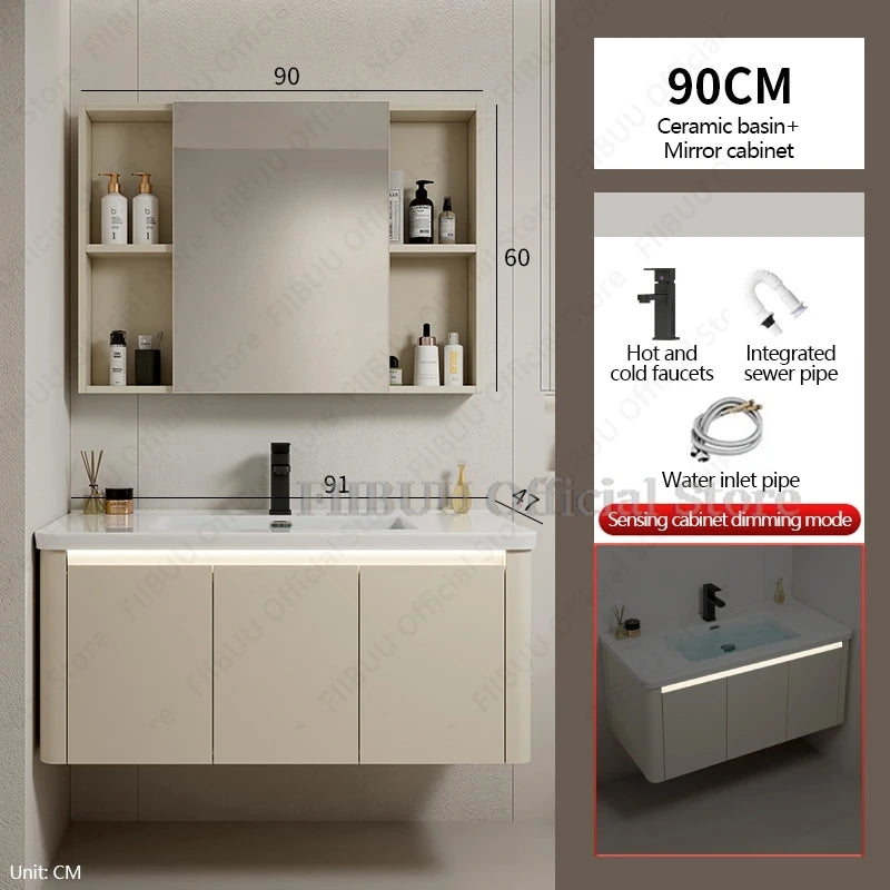 Bathroom Cabinet with Rounded Corners Ceramic Washbasin Wall-mounted Bathroom Dressing Storage Cabinet with Mirror and Faucet