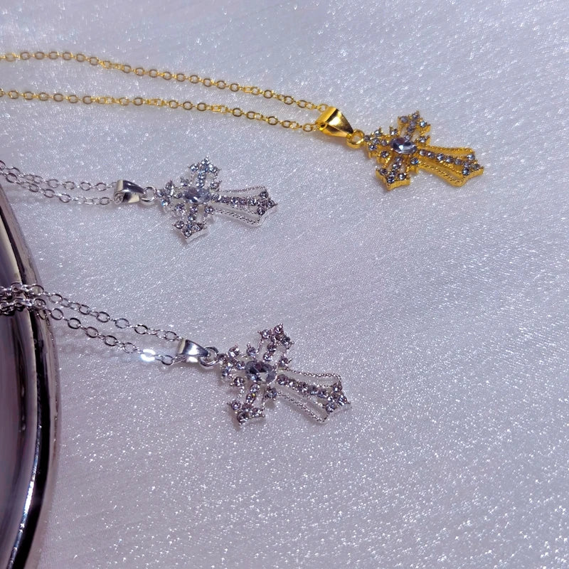 Gothic Big Zircon Cross Necklace Unisex Y2K Irregular Goth Large Cross Pendant Necklaces  for Men Women Couple Necklace Jewelry