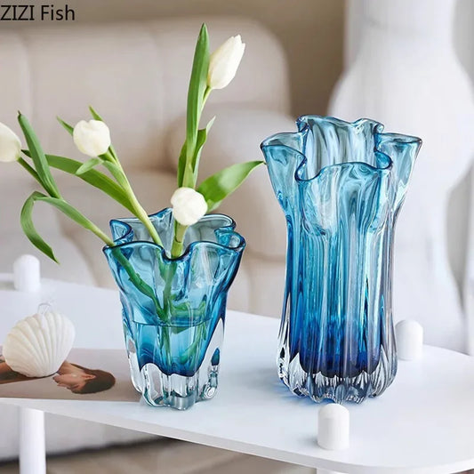 Transparent Blue Hydroponic Glass Vase Flower Pots Desk Decoration Flowers Arrangement Modern Floral Vases Room Aesthetic Decor